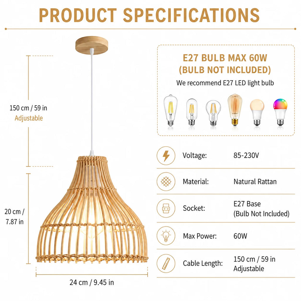 Suspension cloche en rotin naturel Ø 24 cm, câble de 150 cm