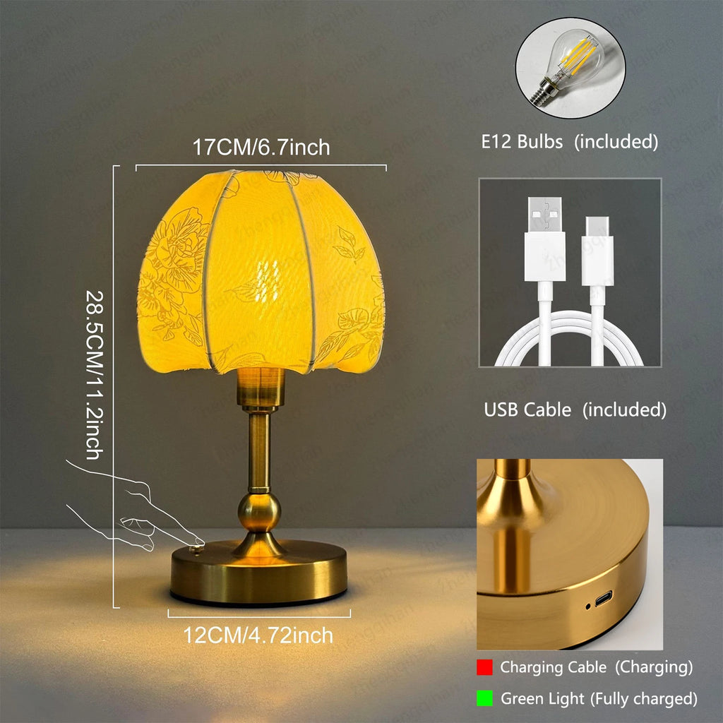 Lampe de chevet sans fil rechargeable, tactile, pied doré rétro