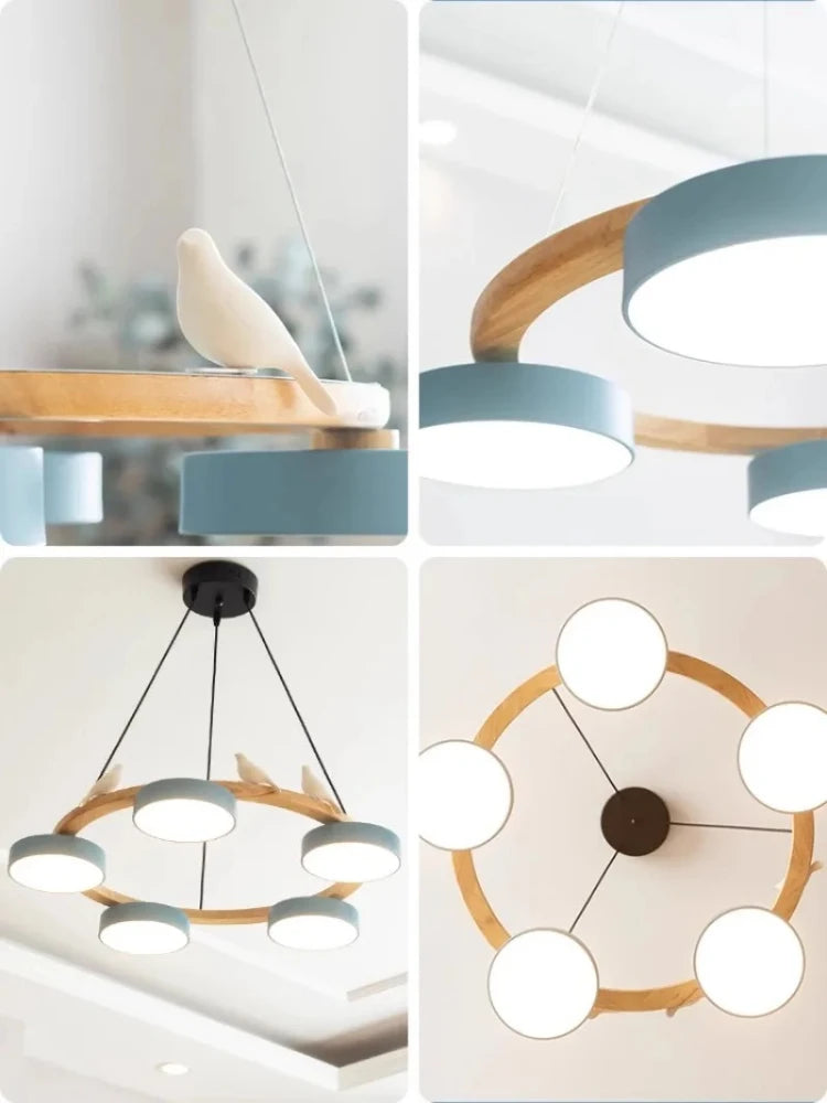 Lustre en bois à oiseaux et têtes LED colorées, couronne ou barre