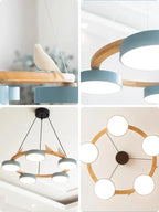 Lustre en bois à oiseaux et têtes LED colorées, couronne ou barre