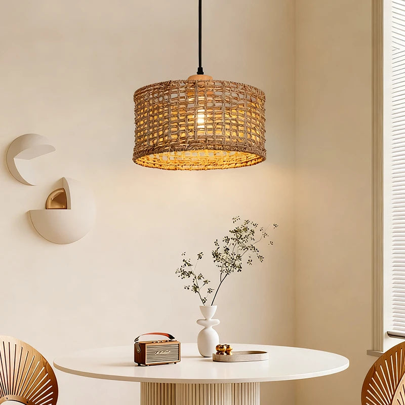 Suspension tambour en paille tressée, Ø 30 cm, rosace en bois