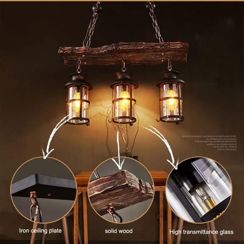Lustre planche en bois vieilli à 2 ou 3 lanternes en fer et verre