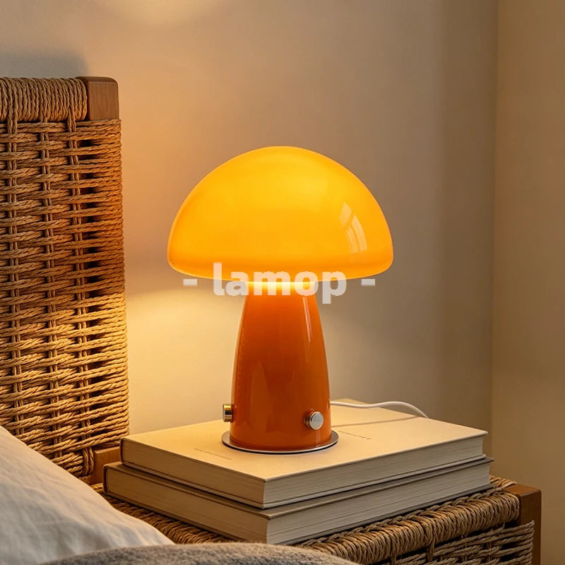 Lampe champignon en verre orange de 21 cm, lisse ou striée, USB