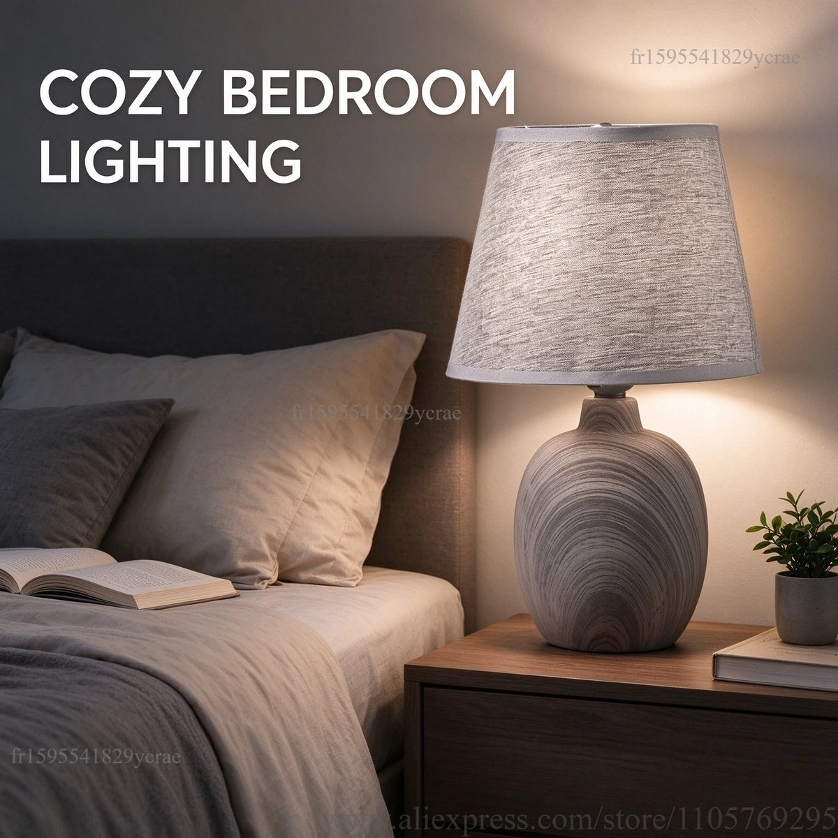 Petite lampe de chevet en céramique effet bois, abat-jour gris