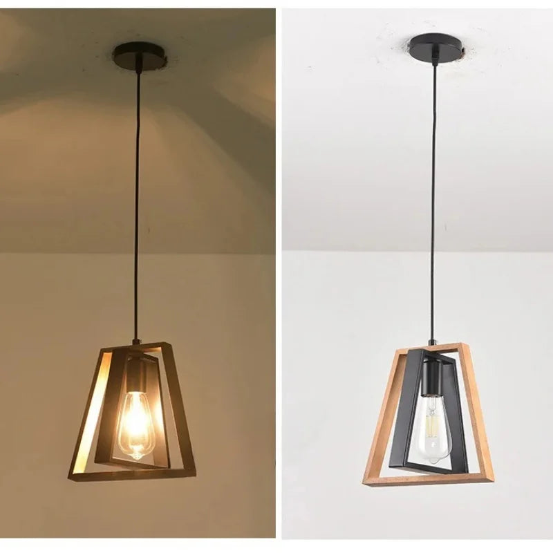 Suspension cadre en bois et métal noir, douille E27, deux modèles