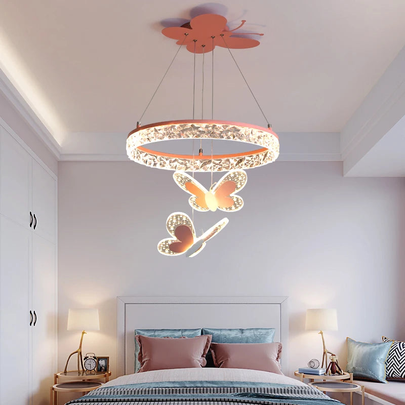 Lustre LED à anneau et papillons pour chambre de fille, rose ou blanc
