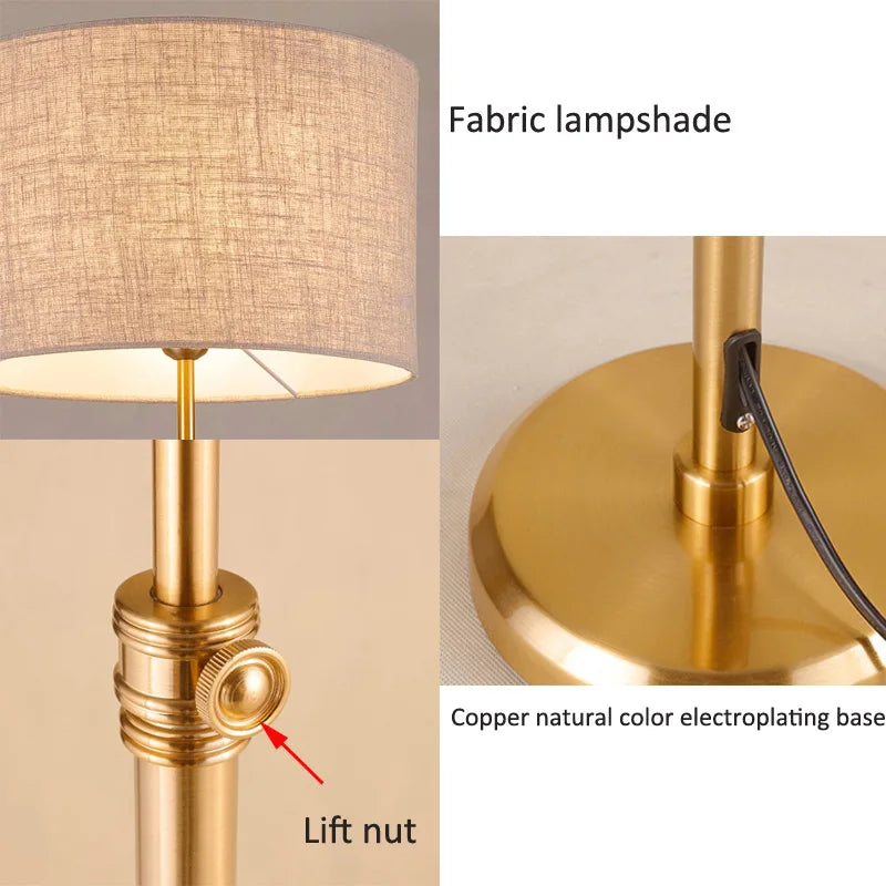 Lampadaire télescopique doré, abat-jour tambour en lin beige