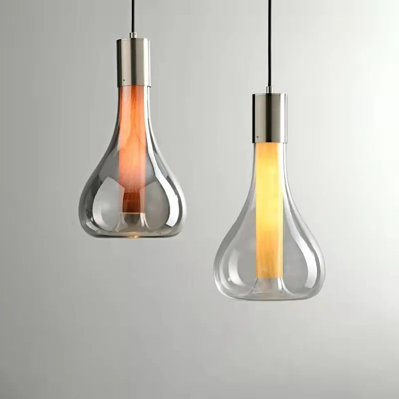 Suspension goutte en verre et tube effet bois, aussi en lampe à poser