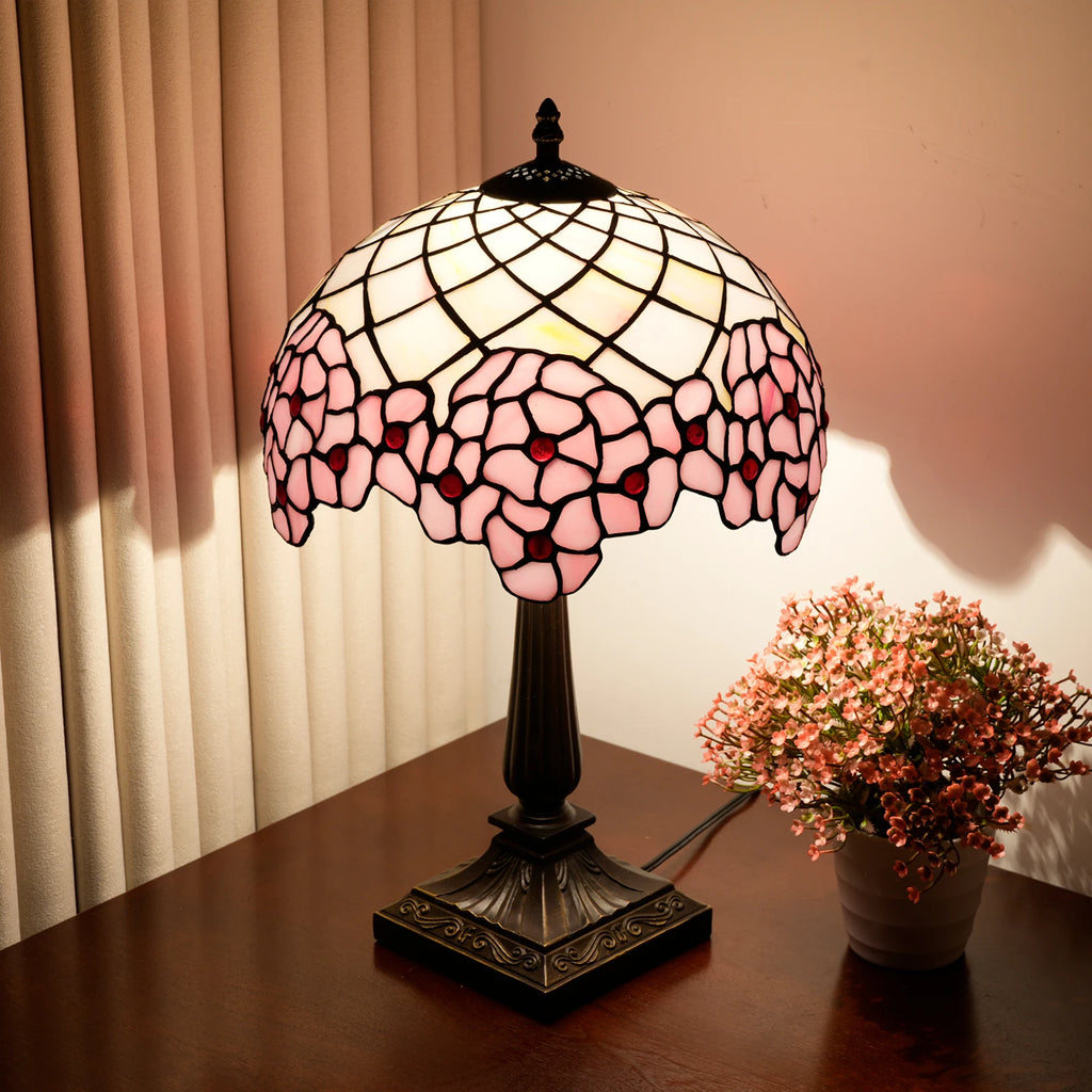 Lampe de chevet Tiffany en vitrail rose à fleurs de cerisier, 49 cm