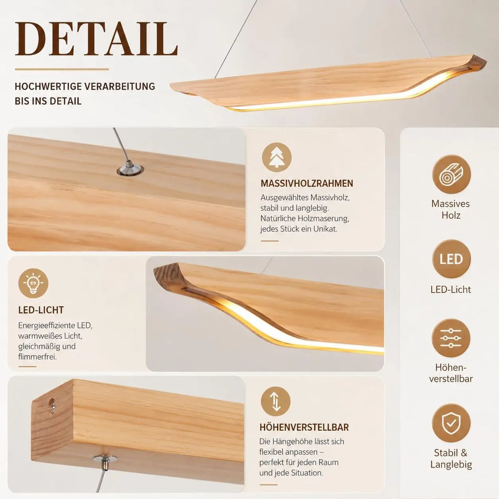 Suspension linéaire en bois LED 90 cm, lumière et intensité réglables