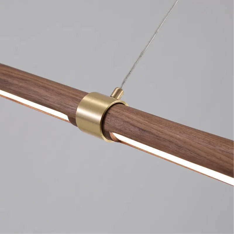 Suspension LED tube en bois et bagues dorées, 90 à 180 cm