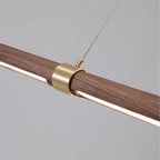 Suspension LED tube en bois et bagues dorées, 90 à 180 cm