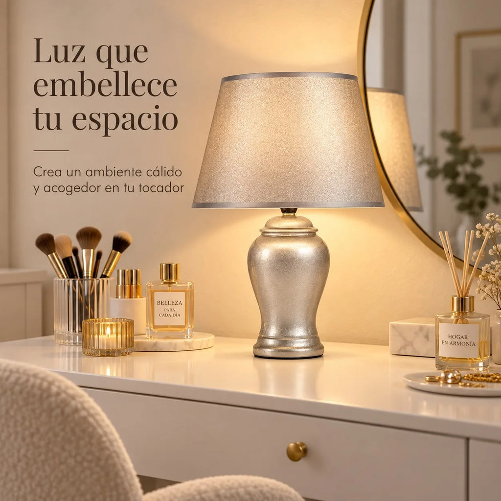 Lampe de chevet en céramique argentée, abat-jour en tissu, 39 cm