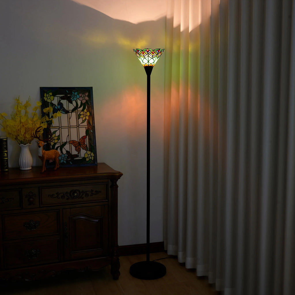 Lampadaire torchère en vitrail, vasque Ø 20 cm et pied noir 155 cm