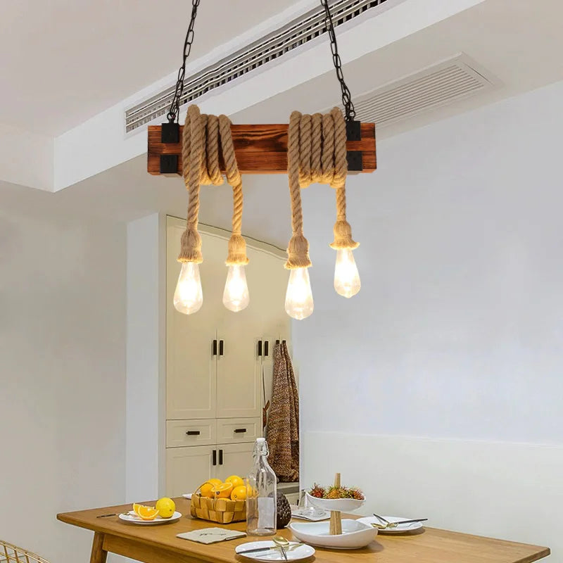 Lustre en bois et cordes de chanvre à 4 ampoules E27 suspendues