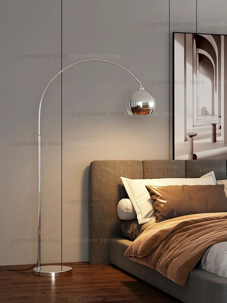 Lampadaire arc boule chromée, dorée ou noire, hauteur réglable