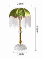 Lampe vintage en velours vert à franges de perles, tige dorée
