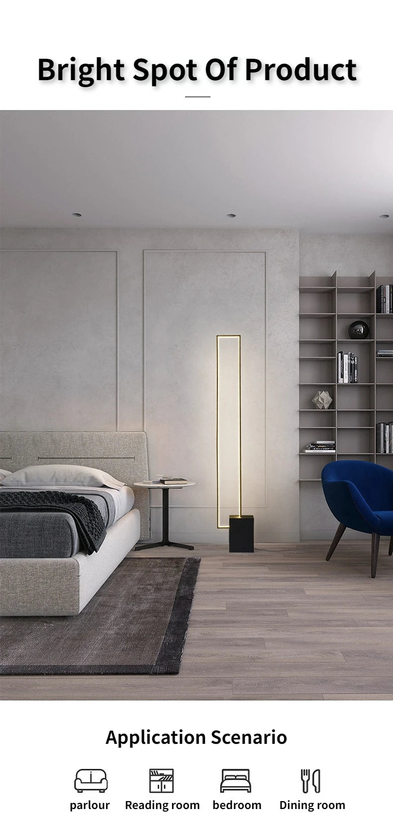 Lampadaire LED cadre rectangulaire sur socle cube, 130 ou 160 cm