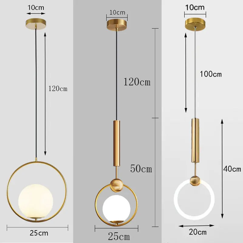 Suspension LED anneau doré et globe, trois modèles pour le chevet