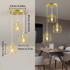 Suspension 3 lampes cages dorées, rosace ronde en cascade ou barre