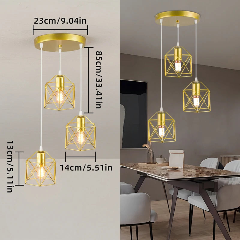 Suspension 3 lampes cages dorées, rosace ronde en cascade ou barre
