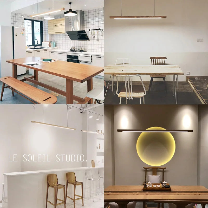 Suspension linéaire en bois de pin ou noyer, 80 à 180 cm, LED
