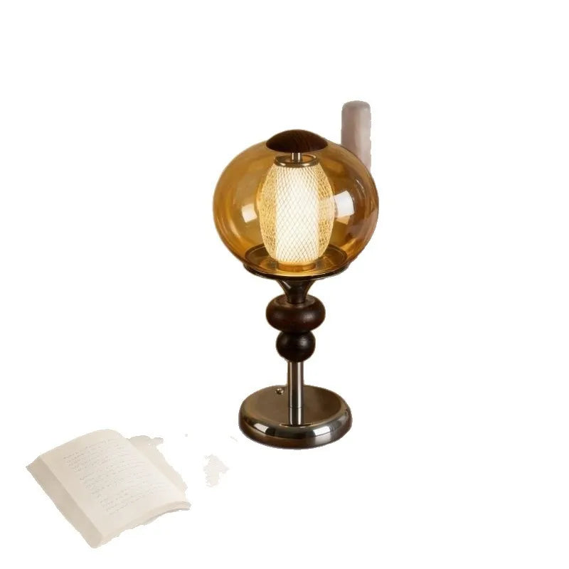 Lampe de table sans fil globe en verre ambré, style chinois