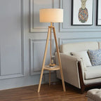 Lampadaire trépied en bois avec tablette, abat-jour tissu 152 cm