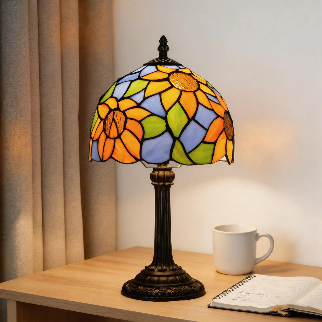 Petite lampe style Tiffany à tournesols, vitrail bleu et orangé