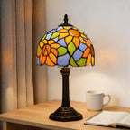 Petite lampe style Tiffany à tournesols, vitrail bleu et orangé