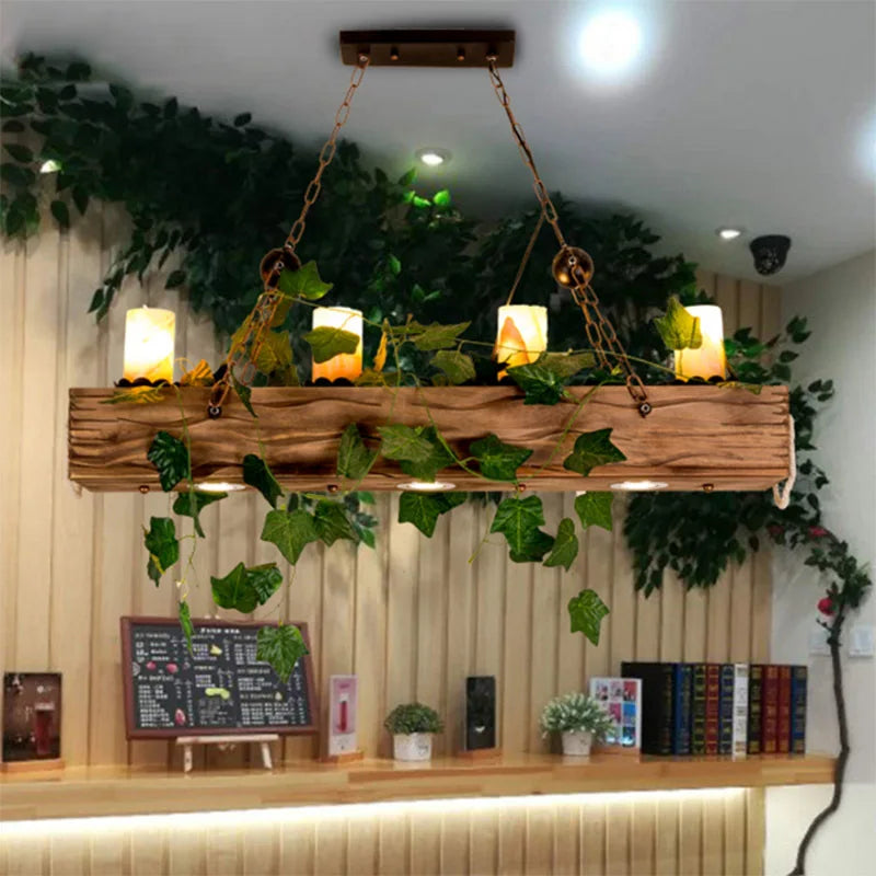 Lustre poutre en bois vieilli, 4 bougies E14 et 3 spots, 100 cm