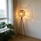 Lampadaire solaire d'extérieur trépied, globe effet rotin, 75 cm