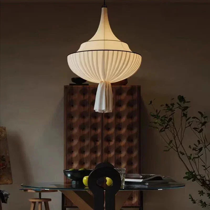 Suspension en tissu drapé blanc à liserés noirs, Ø 50 ou 60 cm