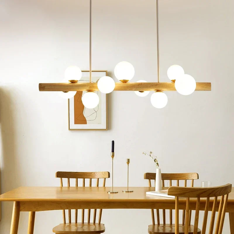 Lustre barre en bois à globes de verre opalin, 5 à 9 lumières LED