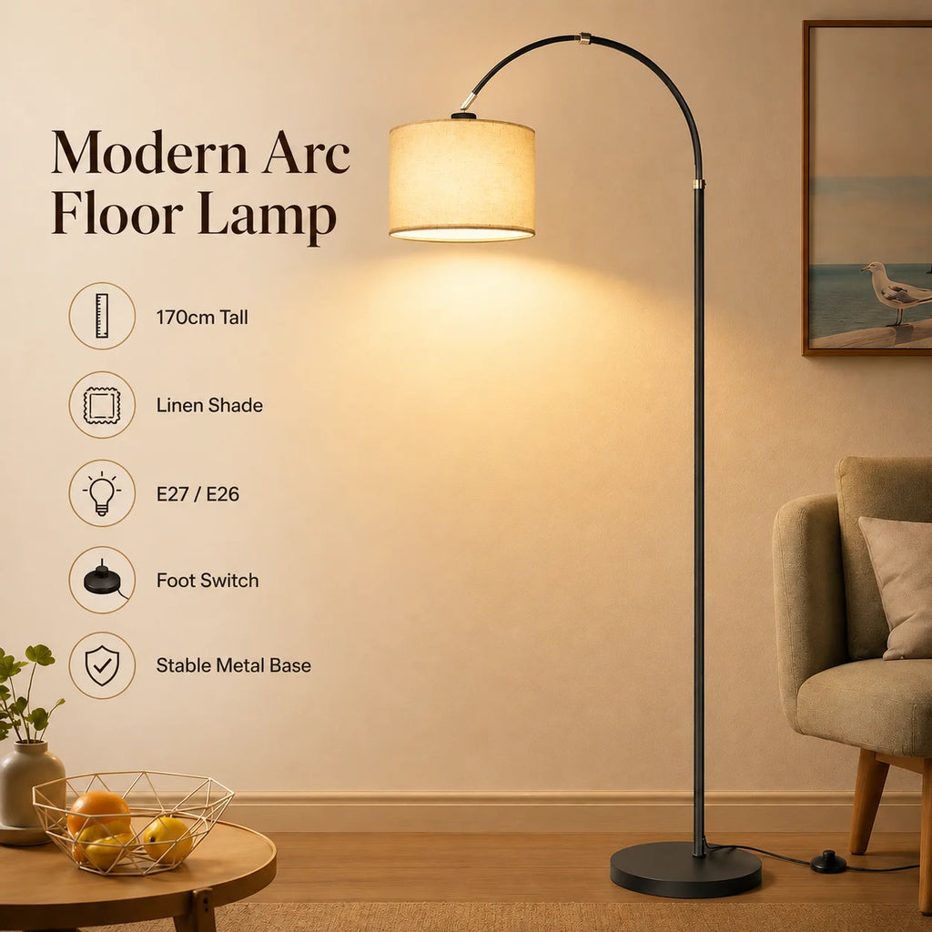 Lampadaire arc noir à abat-jour en lin beige, 170 cm, E27