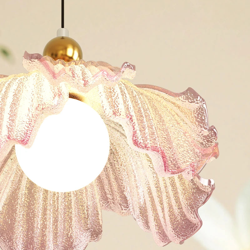 Suspension fleur de lotus en verre rose texturé, LED trois teintes