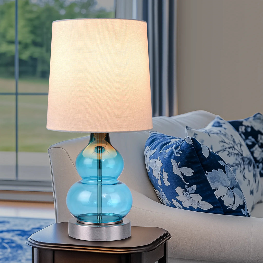 Lampe de chevet à pied double gourde en verre bleu ou gris, 44,4 cm