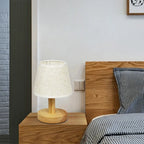 Lampe de chevet mini, abat-jour effet lin et pied en bois, 20 cm