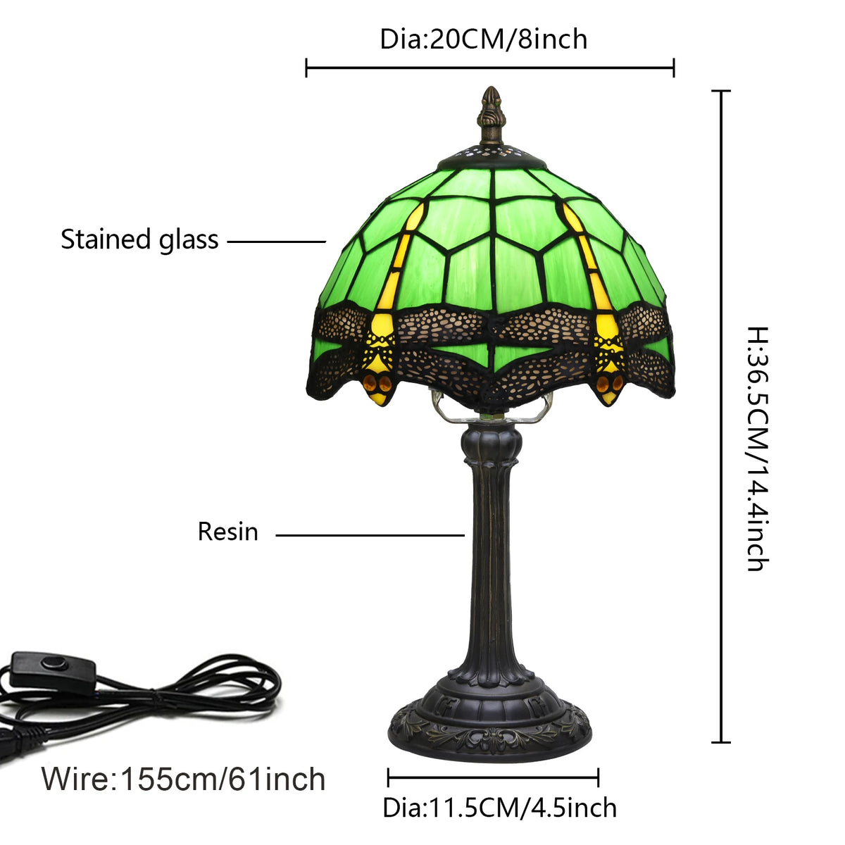 Lampe de chevet Tiffany en vitrail, libellule, paon ou morse, 20 cm