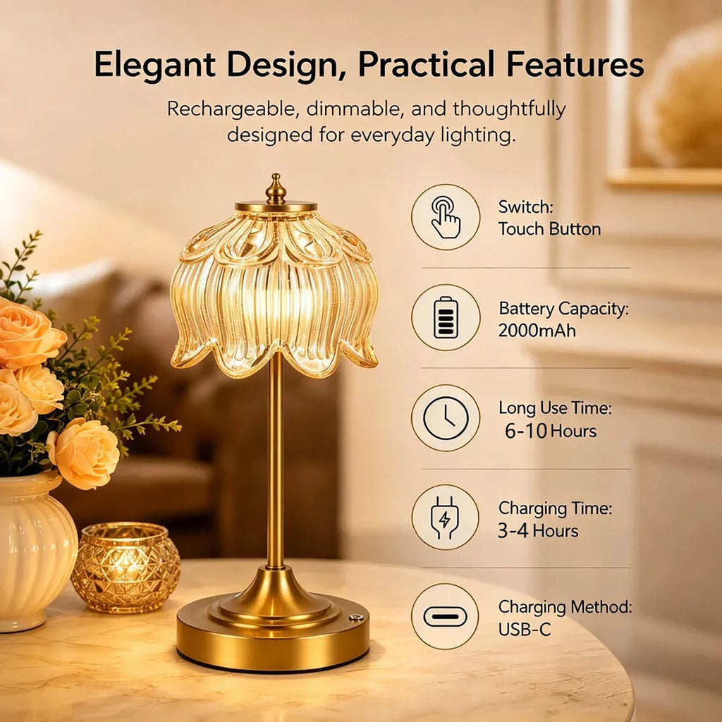 Lampe de table sans fil en verre ambré, tulipe ou lotus, pied doré