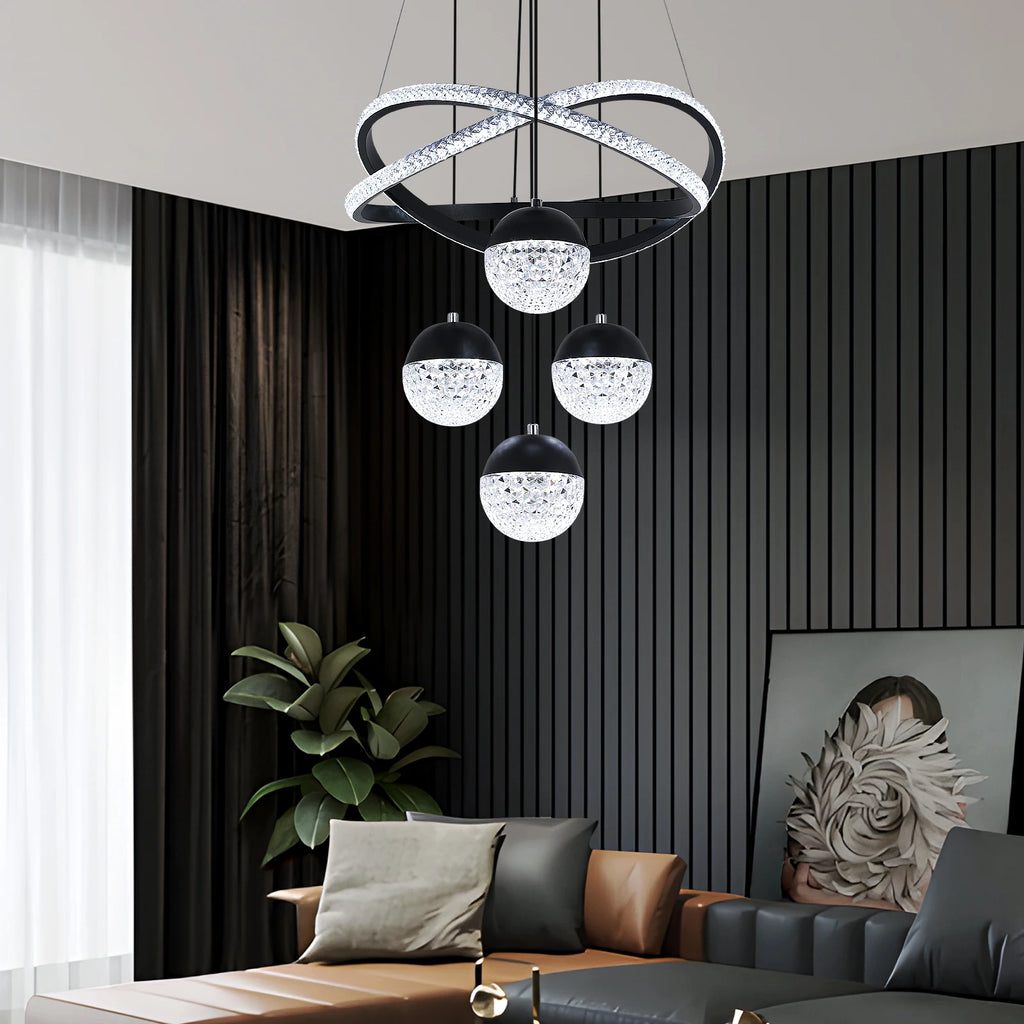 Lustre LED doré ou noir, anneaux de cristal croisés et 4 globes