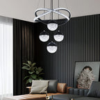 Lustre LED doré ou noir, anneaux de cristal croisés et 4 globes
