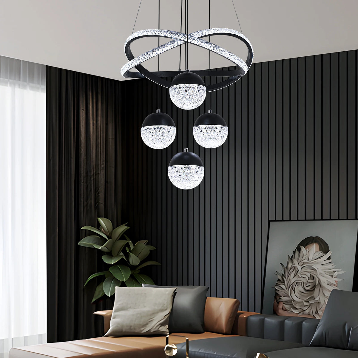 Lustre LED doré ou noir, anneaux de cristal croisés et 4 globes