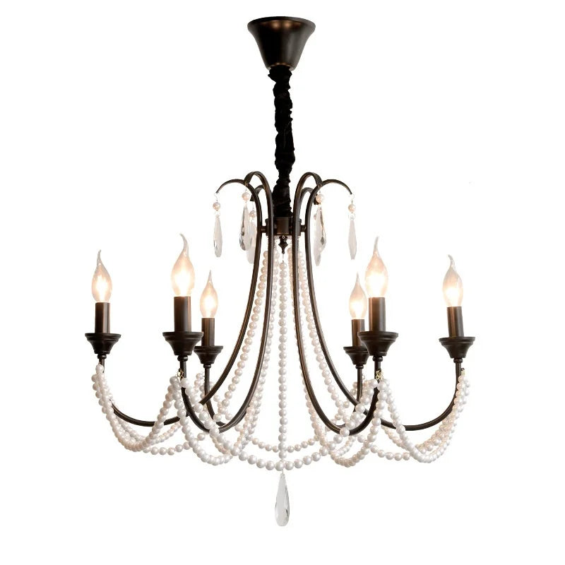 Lustre noir à perles et pampilles de style français, bougies E14