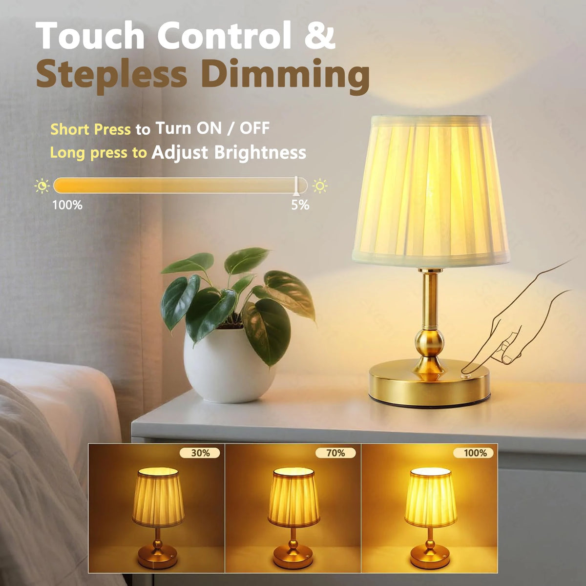 Lampe de chevet sans fil dorée à abat-jour plissé, ampoule E12