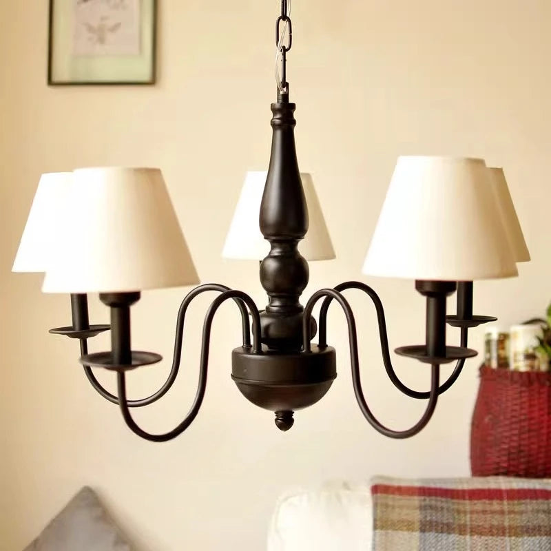 Lustre rustique en fer noir à abat-jour en tissu, 3 à 6 bras