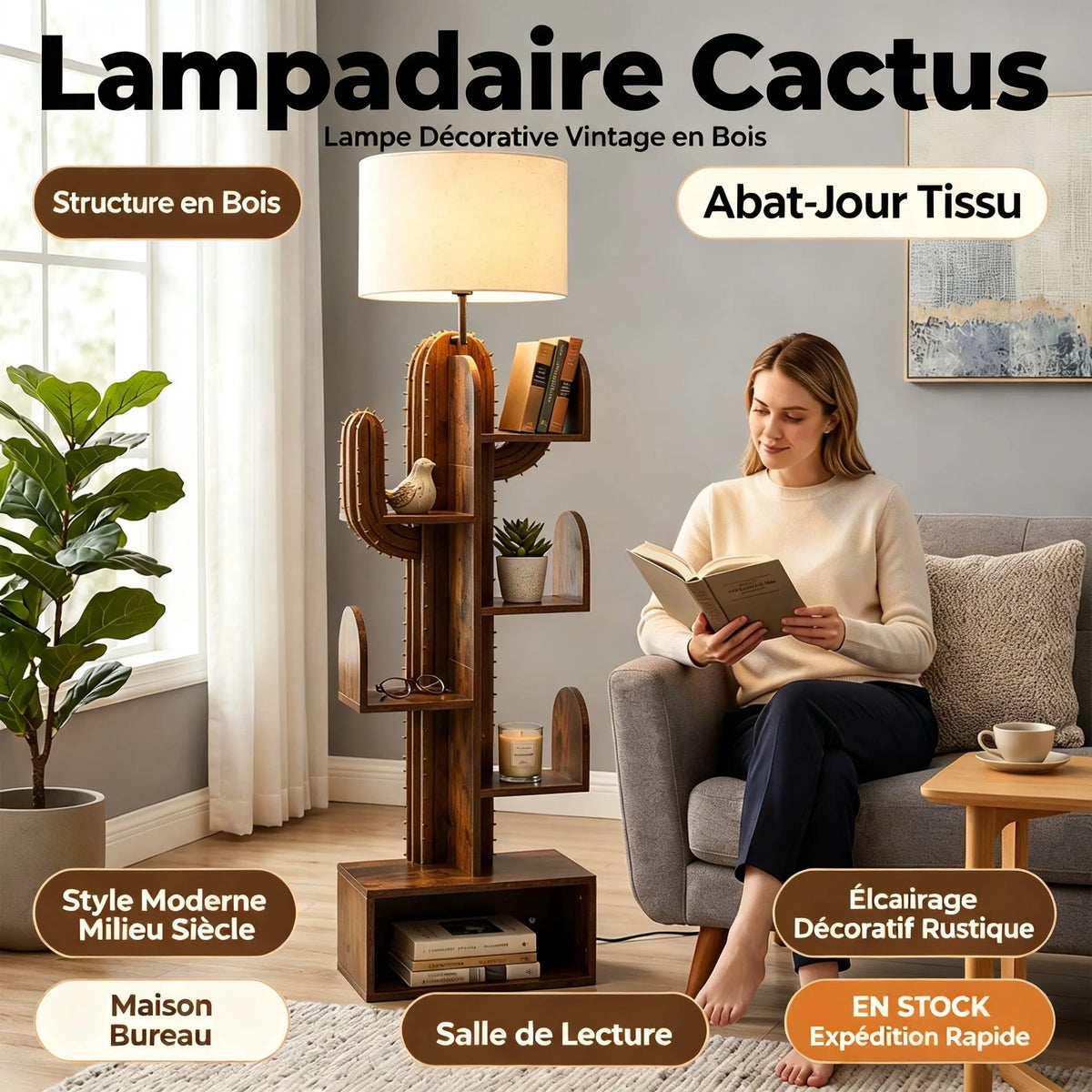 Lampadaire cactus en bois avec étagères, abat-jour en tissu