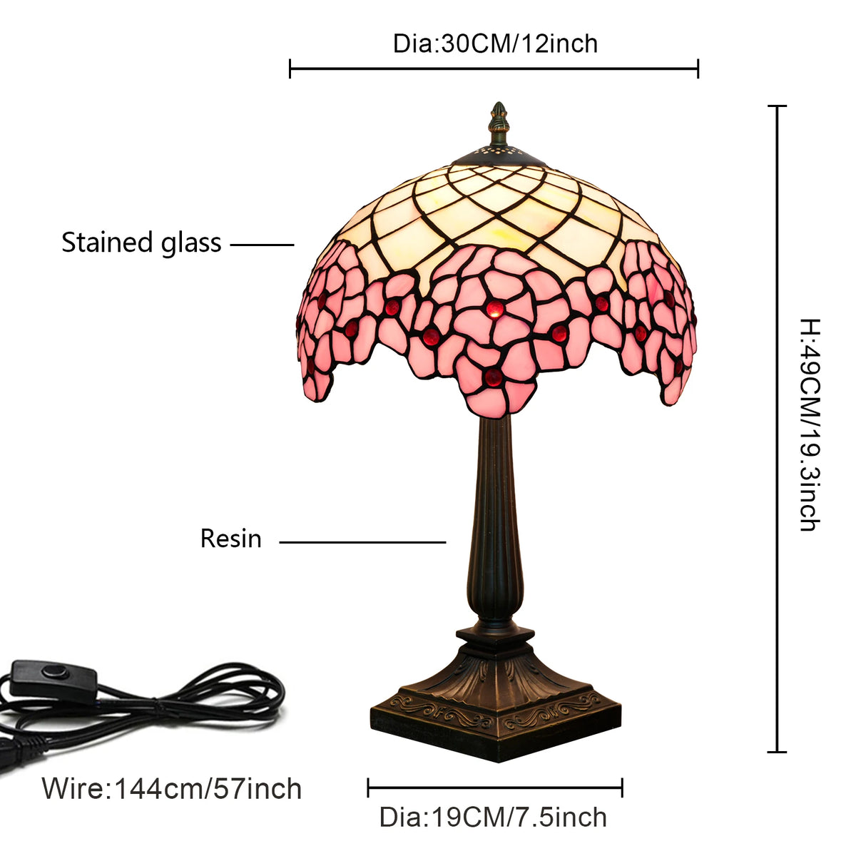 Lampe de chevet Tiffany en vitrail rose à fleurs de cerisier, 49 cm