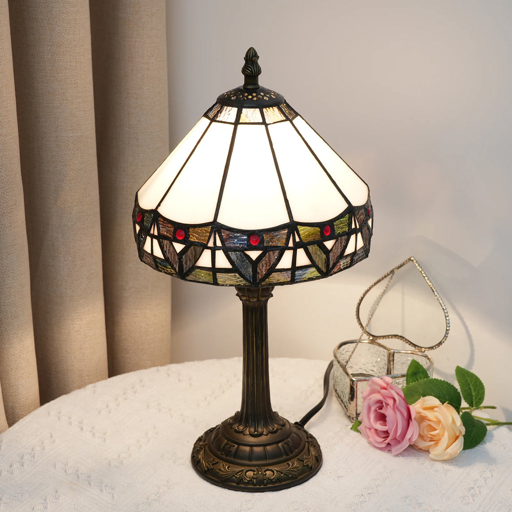 Petite lampe de chevet Tiffany en vitrail blanc, frise de feuilles