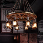 Lustre roue de charrette en bois à lanternes, 1 à 8 lumières E27